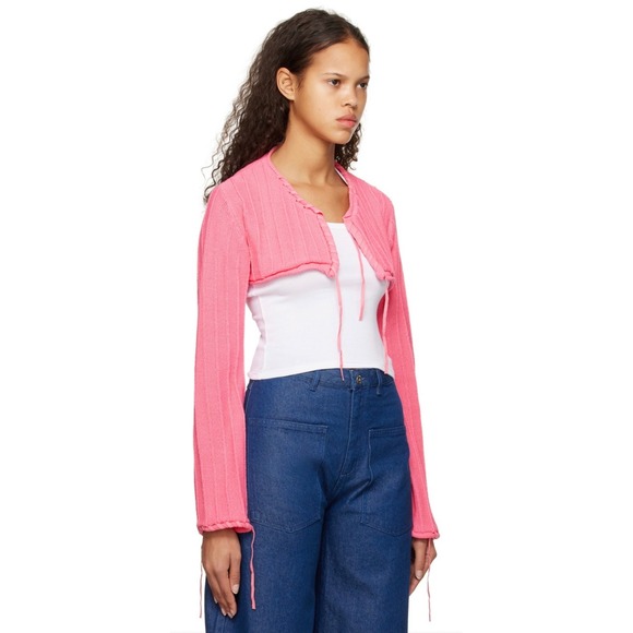 TheOpen Product Pink Ribbed Knit Lace Up Shrug Bolero Cardigan Size 1 Y2K - Picture 2 of 8